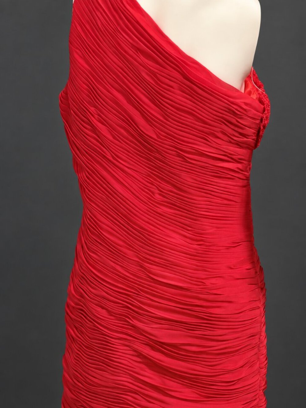 Red Ruched One-Shoulder Cocktail Dress - Picture 3 of 3